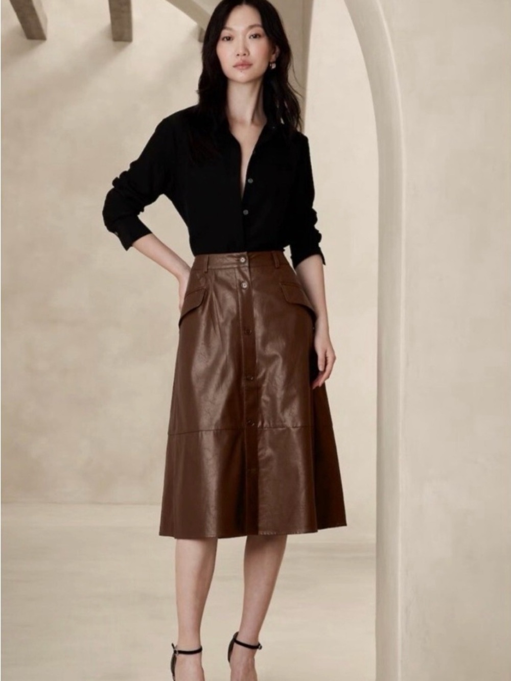 Banana Republic Brown Vegan Leather A-Line Midi Skirt Workwear Office Chic
